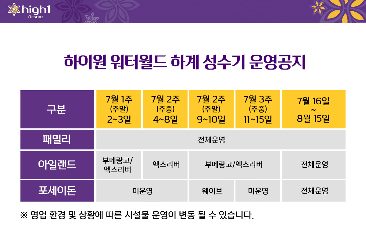 워터월드 하계 성수기 운영 공지