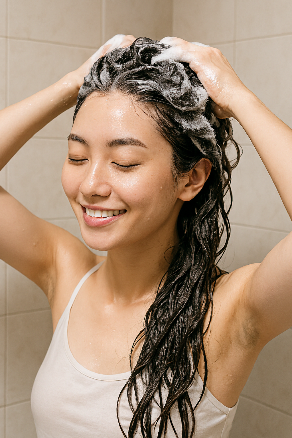 샴푸로 머리를 감는 여성