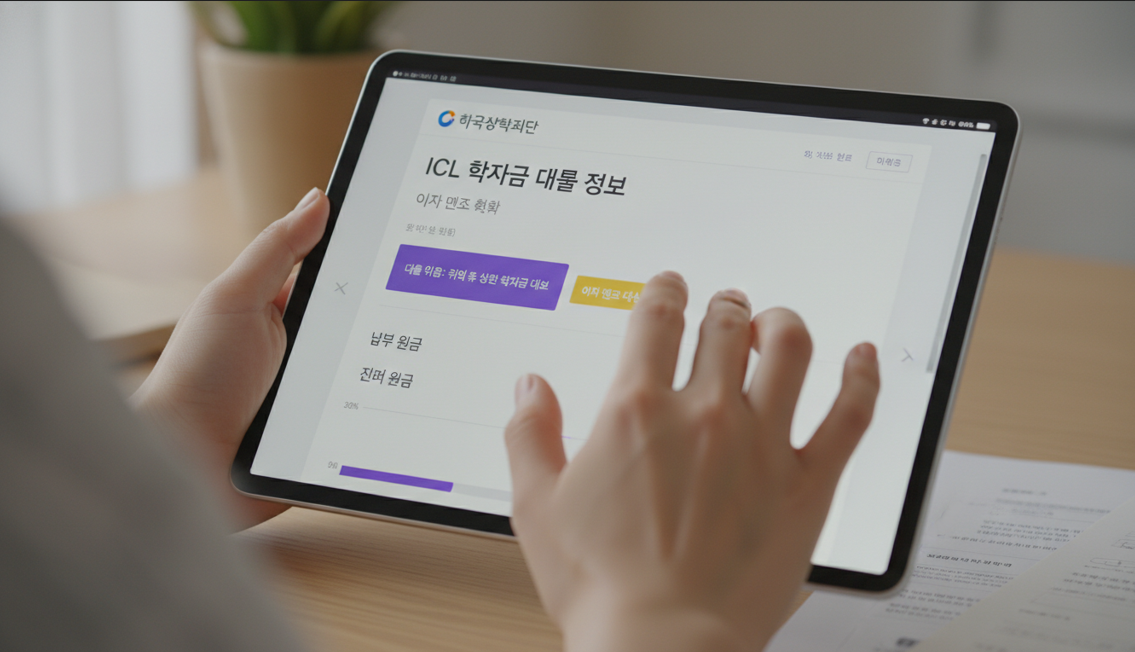 한국장학재단 홈페이지에서 학자금 대출 유형 및 이자 면제 여부를 확인하는 모습