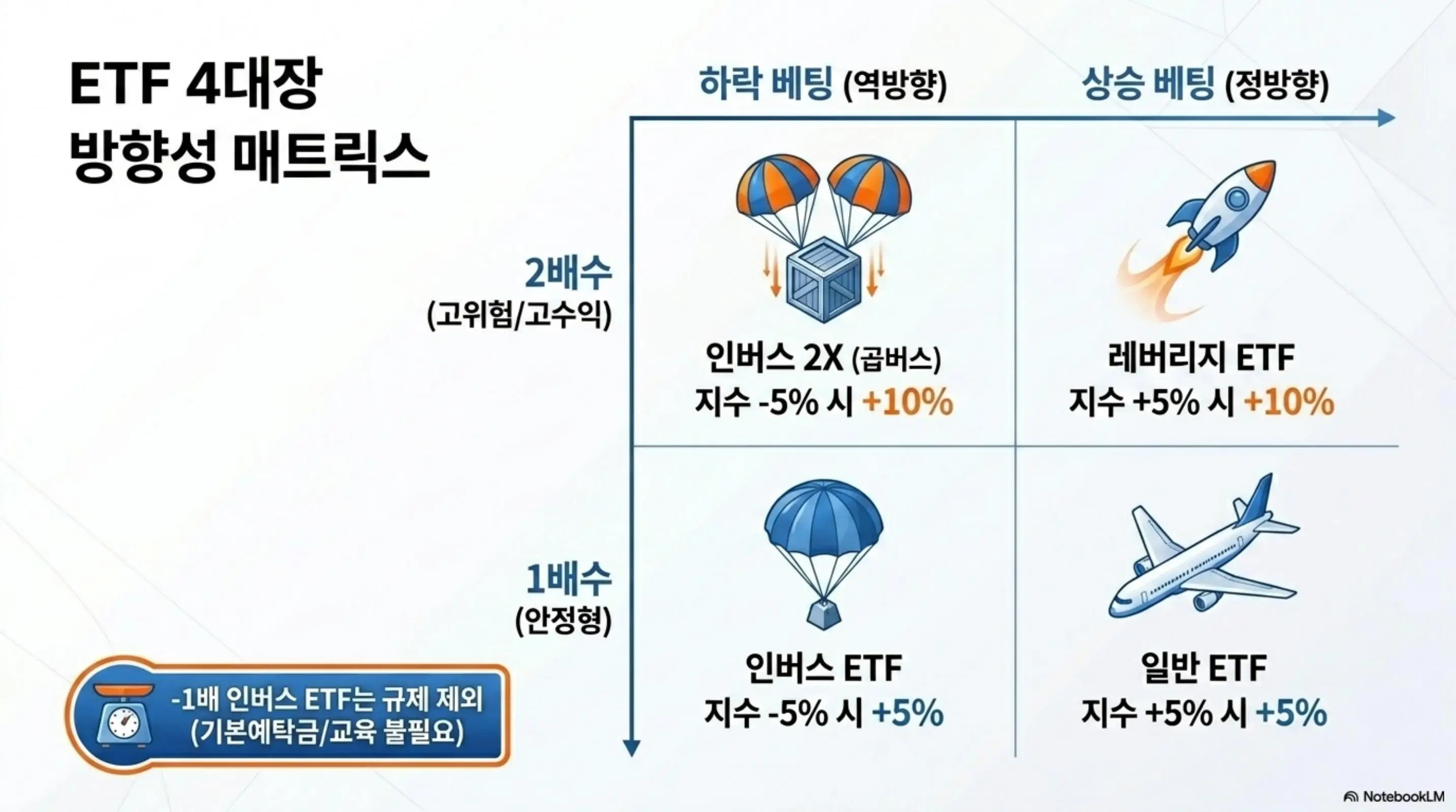 레버리지 ETF와 인버스 ETF 및 인버스 2배와 일반 ETF를 상승 베팅과 하락 베팅 그리고 1배수와 2배수로 분류한 4분면 매트릭스 이미지. 레버리지 인버스 차이점과 마이너스 1배 인버스는 기본예탁금 및 교육이 불필요하다는 정보를 시각적으로 전달함 