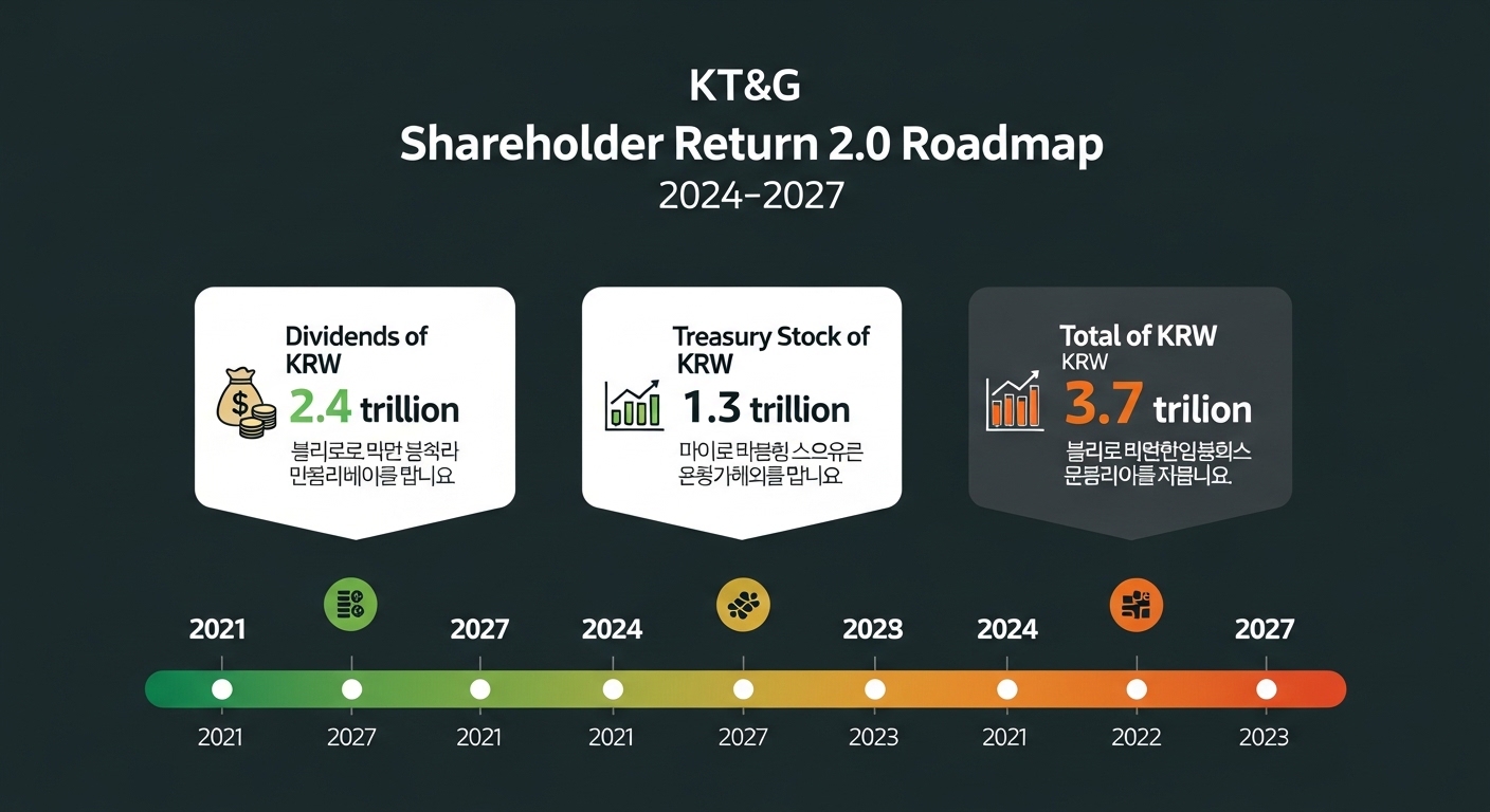 KT&amp;G 주주환원 2.0 로드맵 2024~2027 배당 2.4조 자사주 1.3조 합산 3.7조 타임라인 그린오렌지