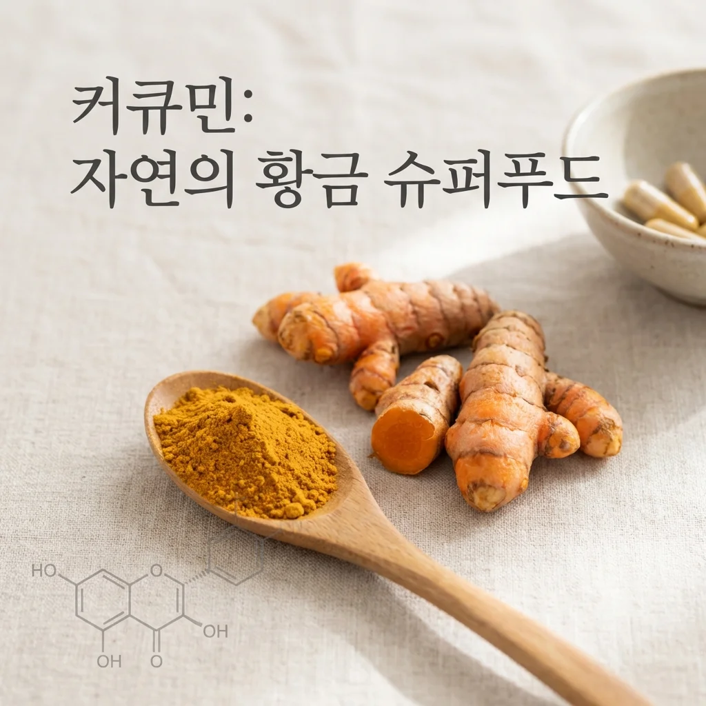 신선한 강황 뿌리와 고운 커큐민 가루가 나무 숟가락에 담겨 있는 모습, 항염 및 항산화 효과를 상징하는 건강 정보 블로그 대표 이미지