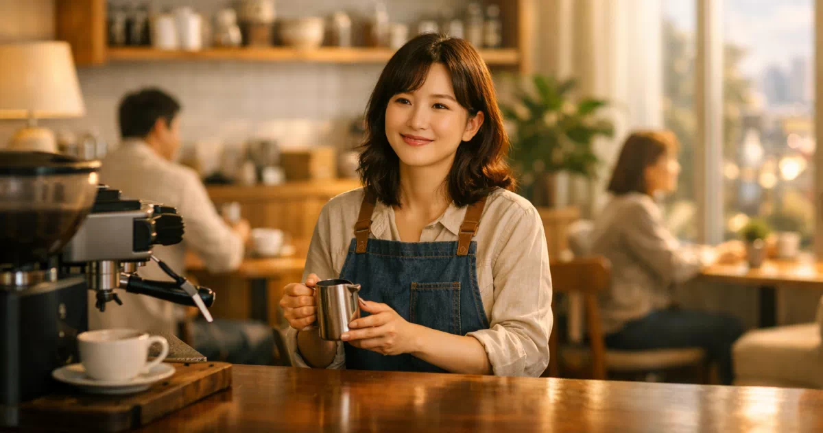 소상공인 정책자금 지원 후 카페를 활기차게 운영하는 여성 사장