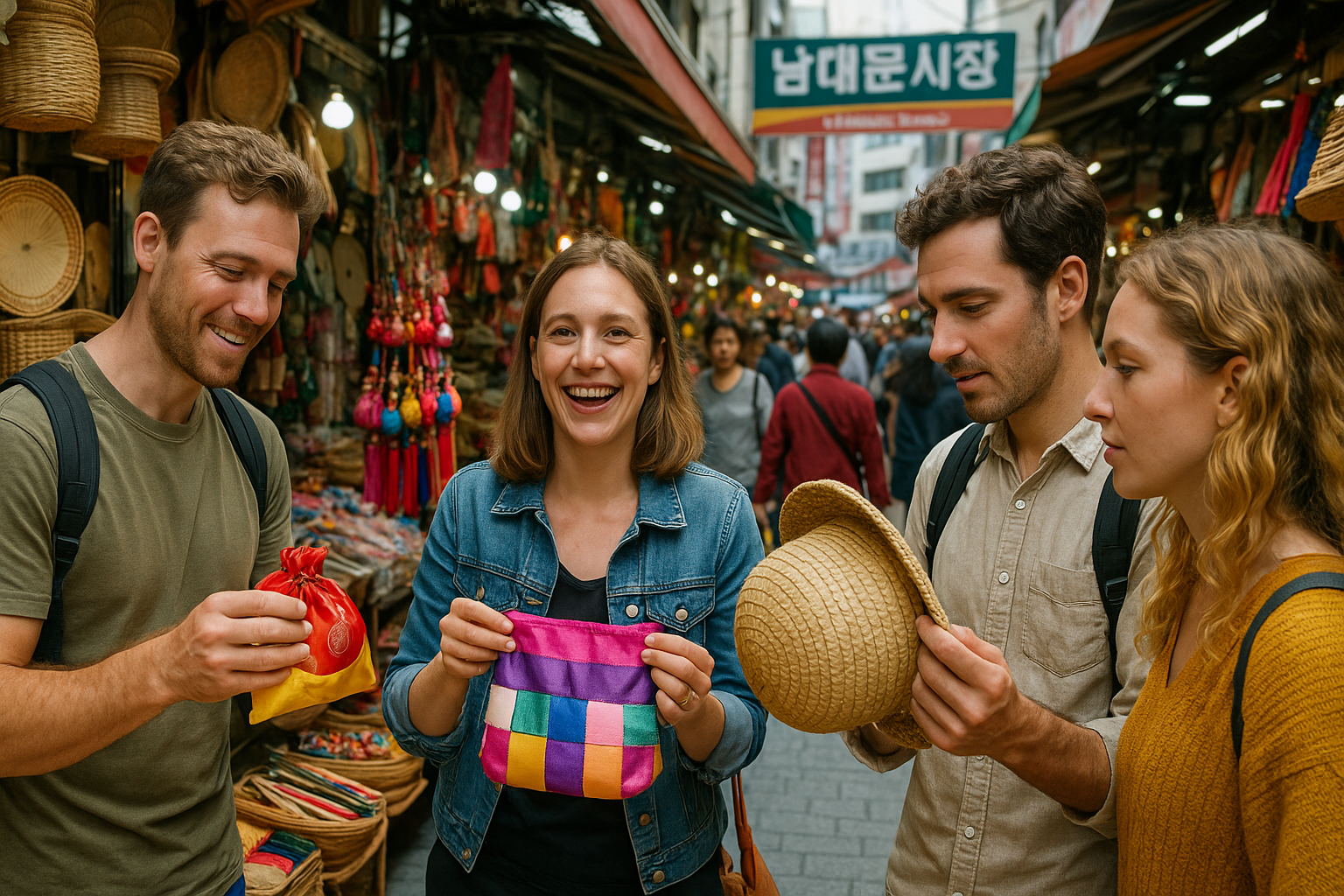 남대문시장에서 한국 전통제품들을 구경하는 외국인 관광객들