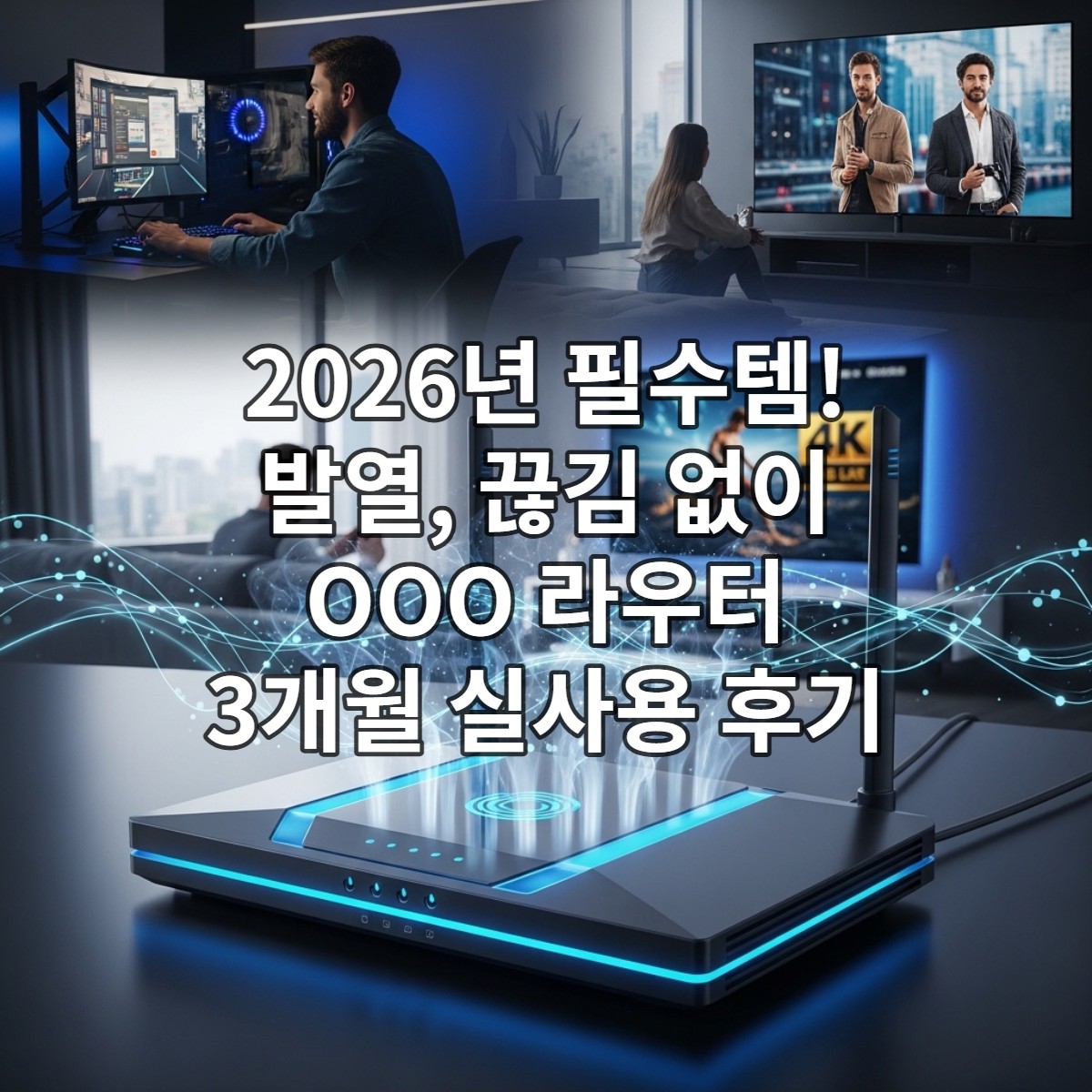 2026년형 OOO 고성능 무선 라우터가 현대적인 거실에서 안정적으로 작동하며, 게이밍과 4K 스트리밍을 끊김 없이 즐기는 사람들의 모습을 담은 이미지.