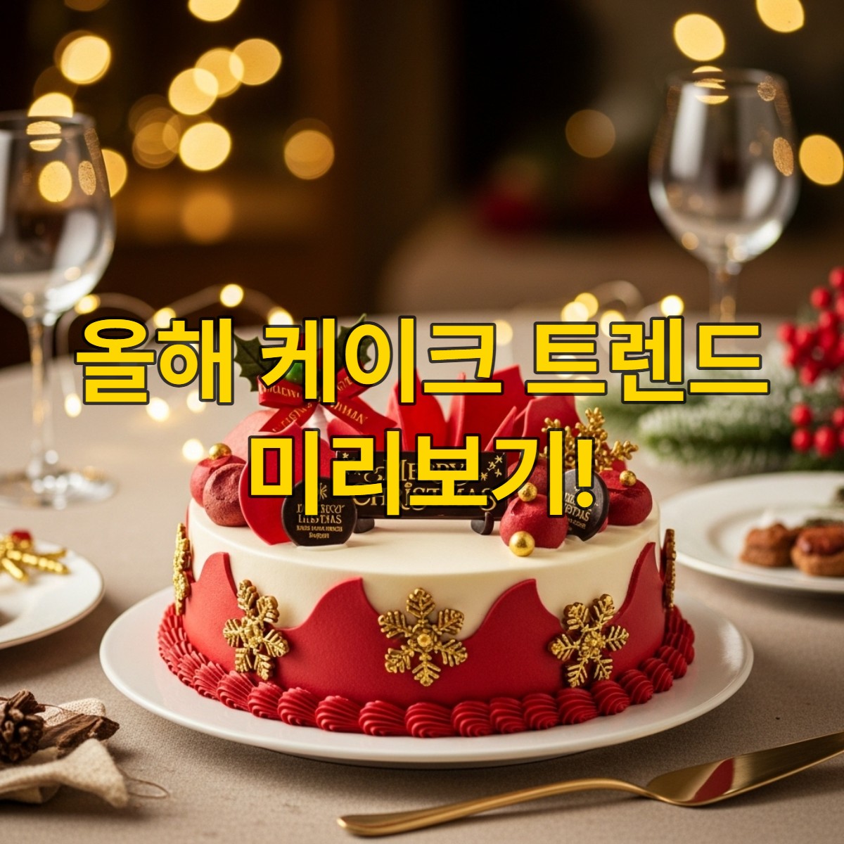 2025년 크리스마스 트렌드를 반영한 50만원대 럭셔리 케이크가 놓인 화려한 크리스마스 테이블. 금색 장식과 섬세한 디자인이 돋보입니다.