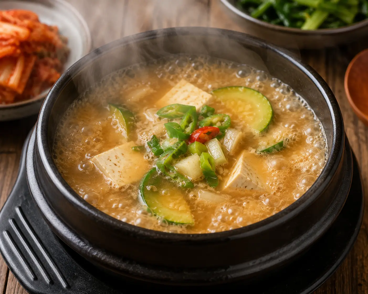 뚝배기에 끓고 있는 된장국, 따뜻한 아침 분위기