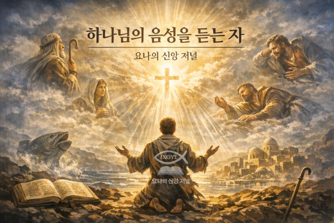 [하나님의 음성을 듣는 자] 기록된 말씀을 통해 성도에게 들려주시는 하나님의 생생한 음성을 나타낸다. 혼탁한 세상 속에서 진리의 음성을 분별하며 동행하는 신앙의 삶을 선포한다. 요나의 신앙 저널