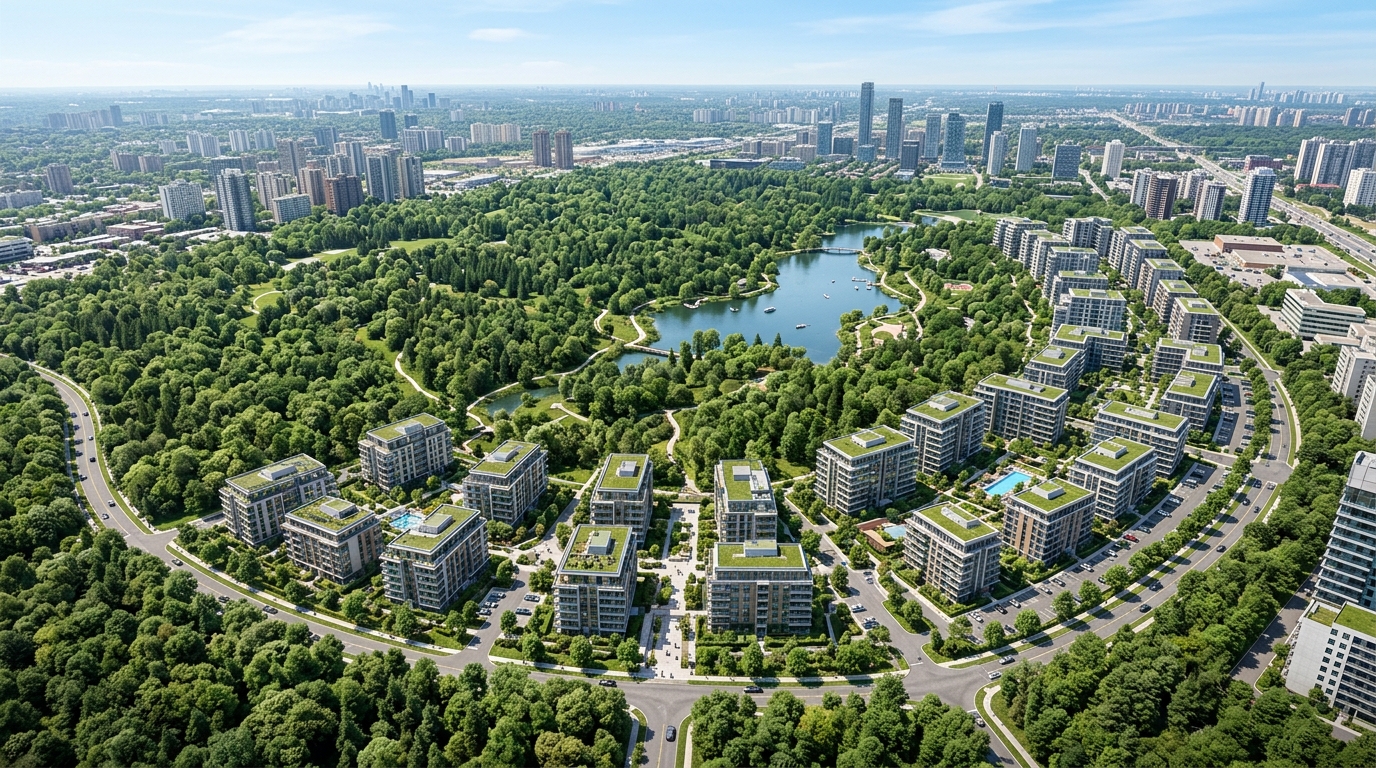 High-angle drone shot of a massive urban forest park with modern apartment buildings nestled inside. Clear differentiation between the forest area and the residential area. Professional real estate rendering style.