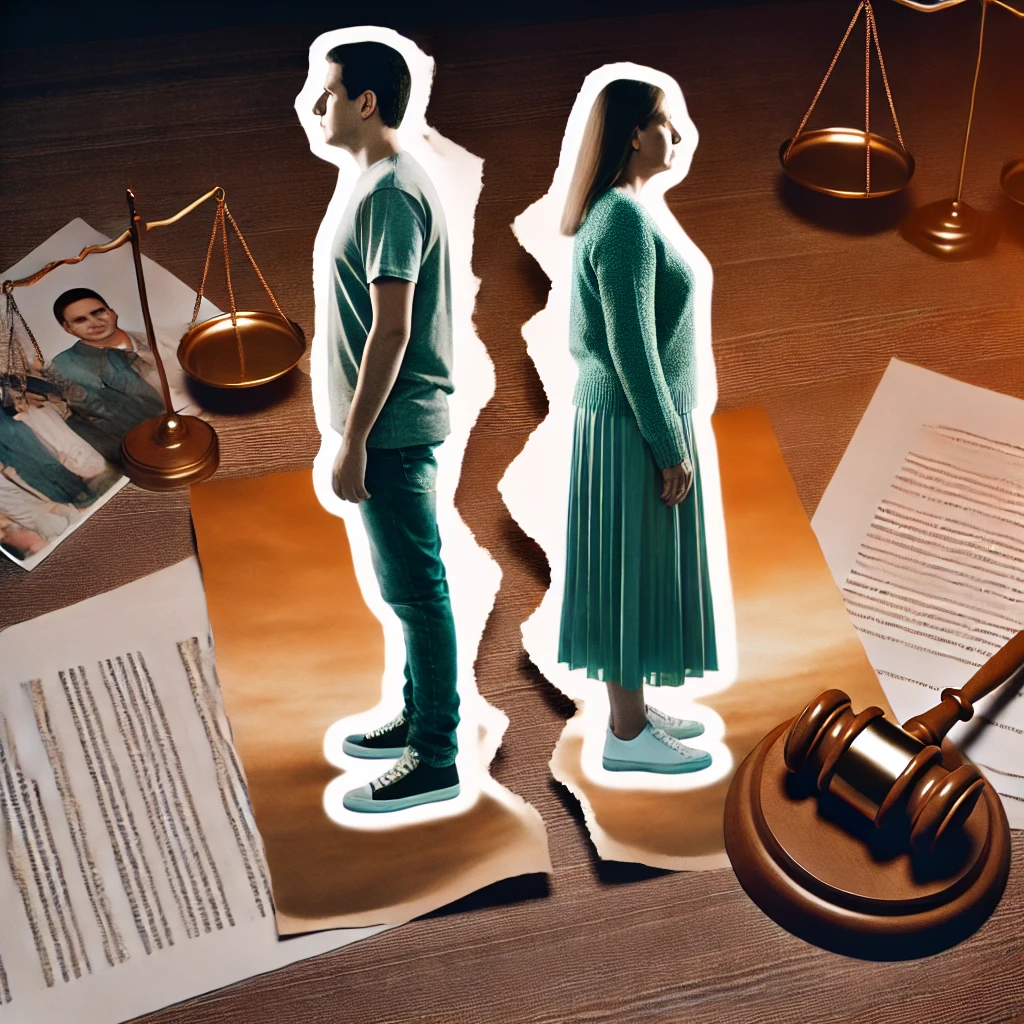 상속 문제로 인해 가족 간의 갈등을 상징적으로 표현한 이미지, 두 사람이 반대 방향을 바라보고 있는 모습.