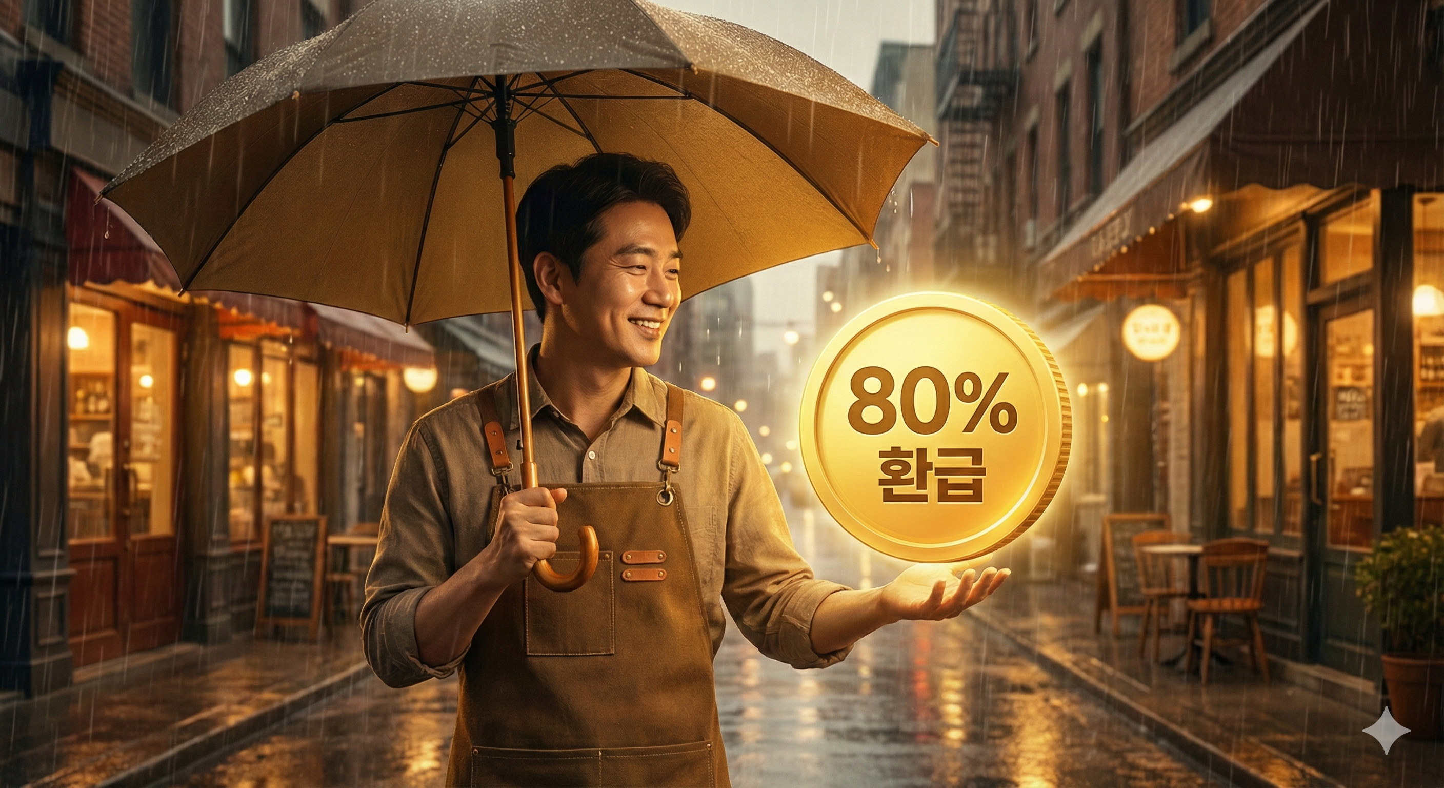 든든한 우산 아래에서 안심하는 자영업자 캐릭터와 보험료 환급 그래프 이미지