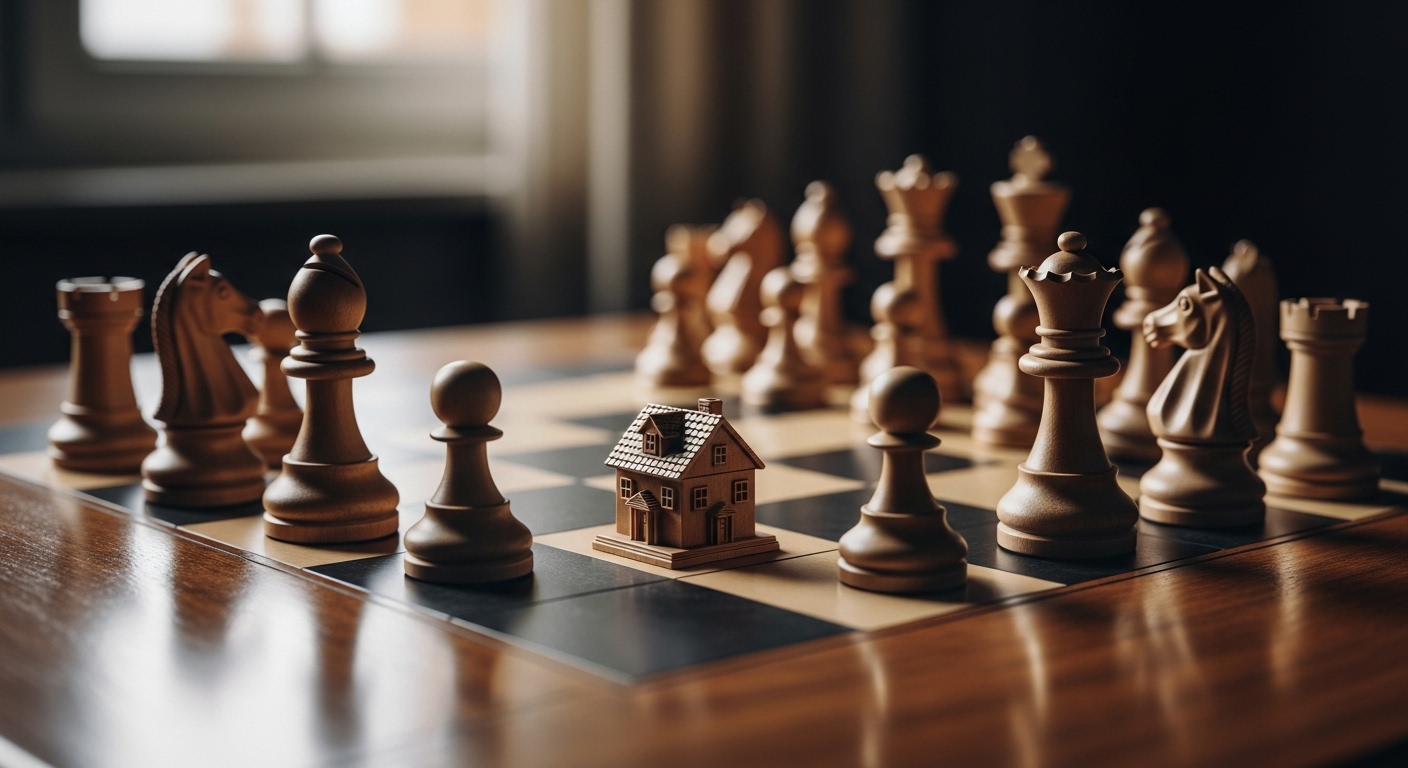 체스판 위에서 퇴로가 막힌 집 모양의 말