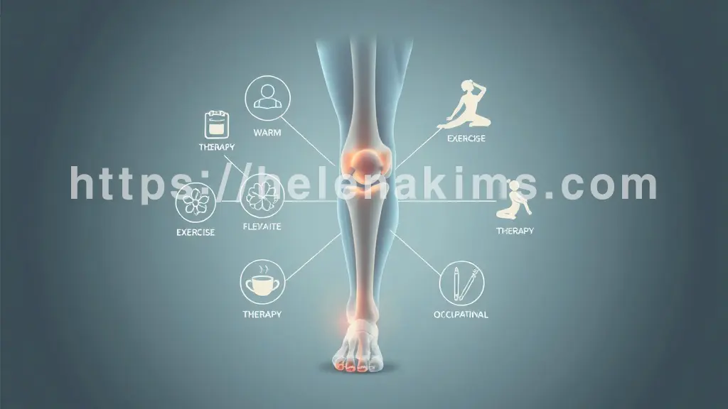 깨끗하고 부드러운 배경 중앙에 인체 관절의 윤곽선. 그 주변으로 물리치료를 상징하는 온열/냉기 아이콘, 운동치료를 나타내는 유연한 사람 실루엣(요가, 스트레칭 동작), 그리고 작업치료를 의미하는 일상생활 도구(컵, 펜 등)가 조화롭게 배열된 이미지.