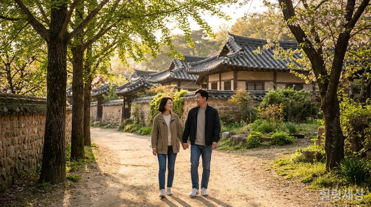 한옥 마을의 고요한 길을 걷는 한국인 커플