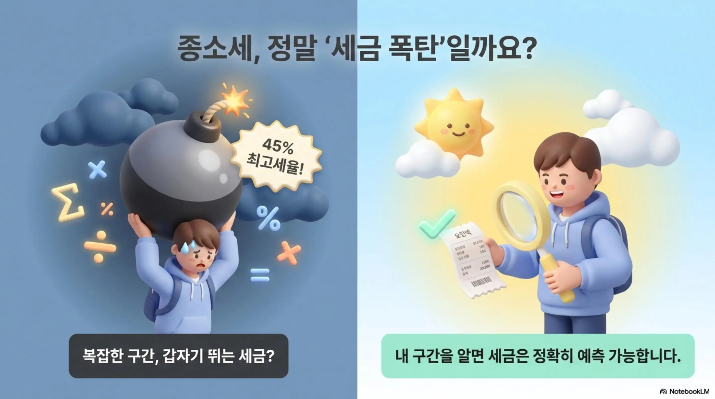 종합소득세 세율: 종합소득세 세금 폭탄 오해와 진실을 비교한 이미지. 왼쪽에는 폭탄을 머리 위에 든 캐릭터와 45% 최고세율 문구가 복잡한 구간과 갑자기 뛰는 세금에 대한 불안감을 표현하고 오른쪽에는 영수증을 돋보기로 확인하는 캐릭터가 내 구간을 알면 세금은 정확히 예측 가능하다는 메시지를 전달하며 종합소득세 세율 구간별 계산의 핵심을 설명함
