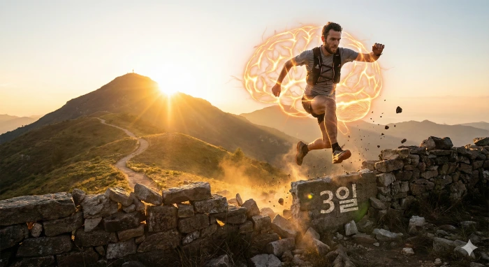 일출을 배경으로 운동하는 사람이 '3일' 장애물을 뛰어넘고 있으며, 머리 주변에 정신력을 상징하는 빛이 감도는 사진
