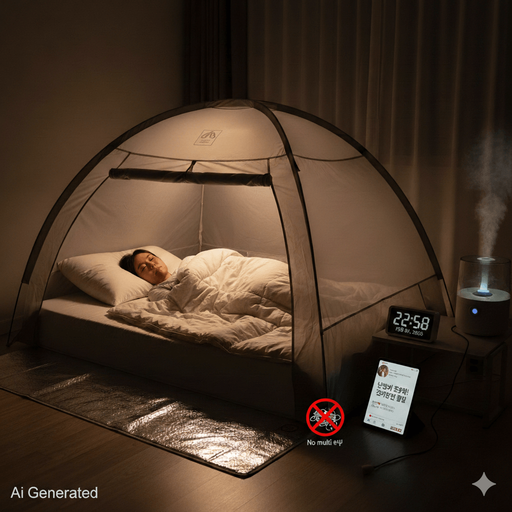 은박돗자리와 난방텐트를 이용해 전기장판 난방비 절약하는 것을 표현하는 이미지