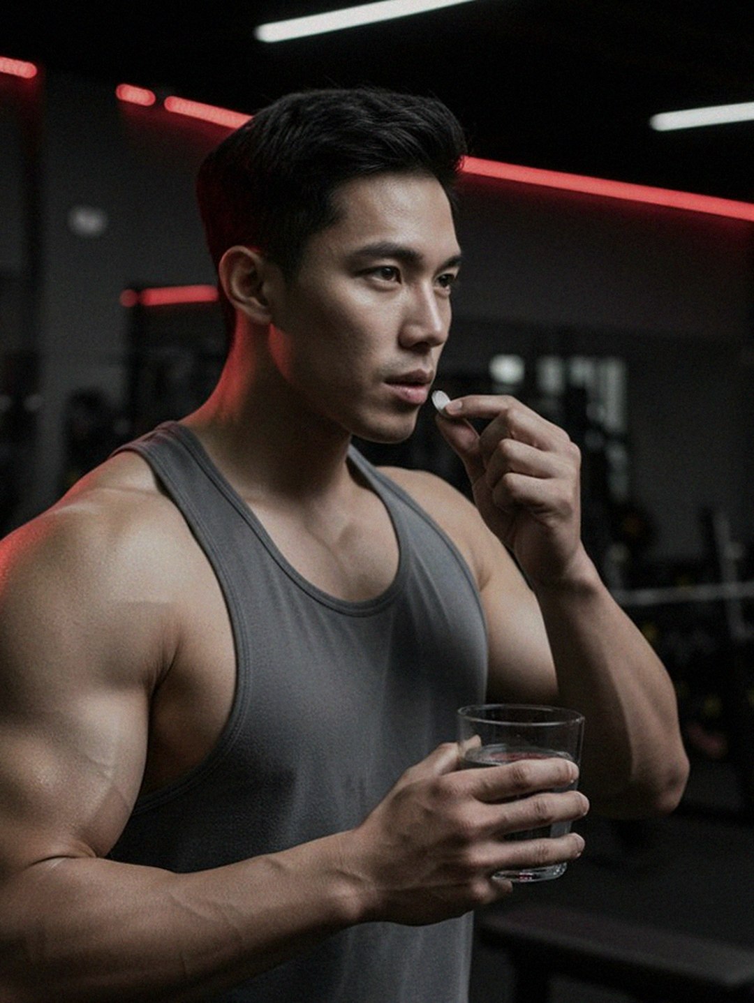 Korean Asian man in 40s taking supplement at home after work