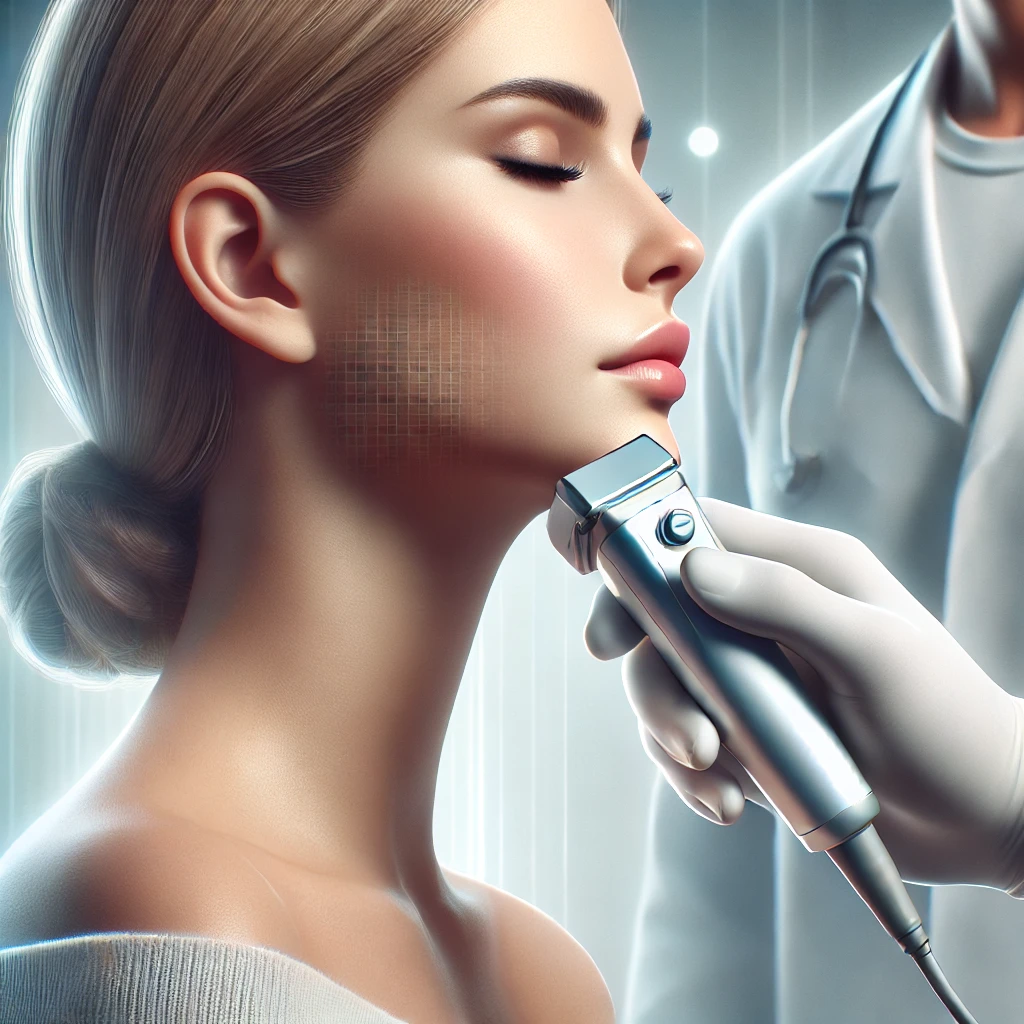 울쎄라 시술을 받는 환자의 모습. 의료진이 초음파 기기를 사용하여 환자의 턱선과 볼 부위에 정밀하게 시술하고 있으며, 깨끗하고 현대적인 클리닉 환경에서 이루어지는 비수술적 리프팅 시술의 장면입니다.