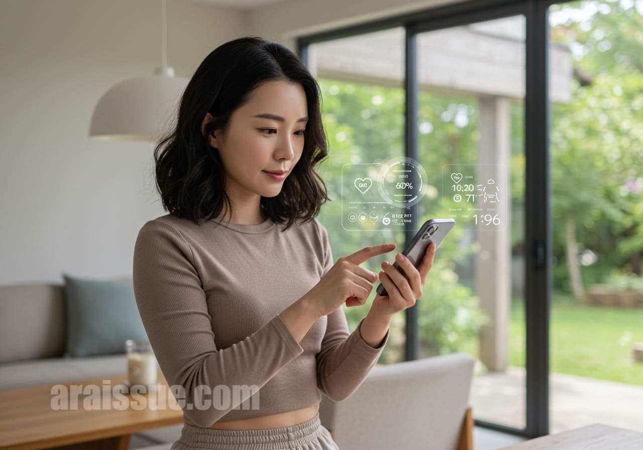 스마트폰이나 태블릿을 통해 AI 건강 관리 앱을 사용하는 40대 한국 여성. 건강 데이터를 보고 있는 모습, 현대적이고 깔끔한 실내 배경.