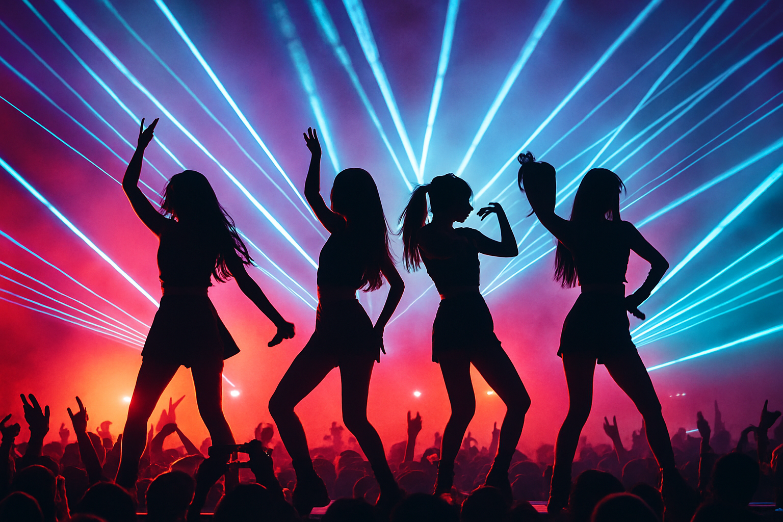 콘서트 무대 위에서 화려한 조명과 EDM 음악에 맞춰 춤추는 K-POP 아이돌 여성 멤버들의 실루엣이 역동적으로 표현되어 있고, 무대 아래에는 환호하는 관객과 레이저 쇼가 어우러진 강렬하고 현대적인 분위기의 장면. (로고, 글자, 상표 없음)