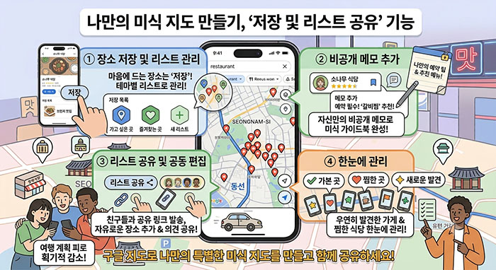 구글지도 맛집찾기_나만의 미식 지도 만들기, '저장 및 리스트 공유' 기능