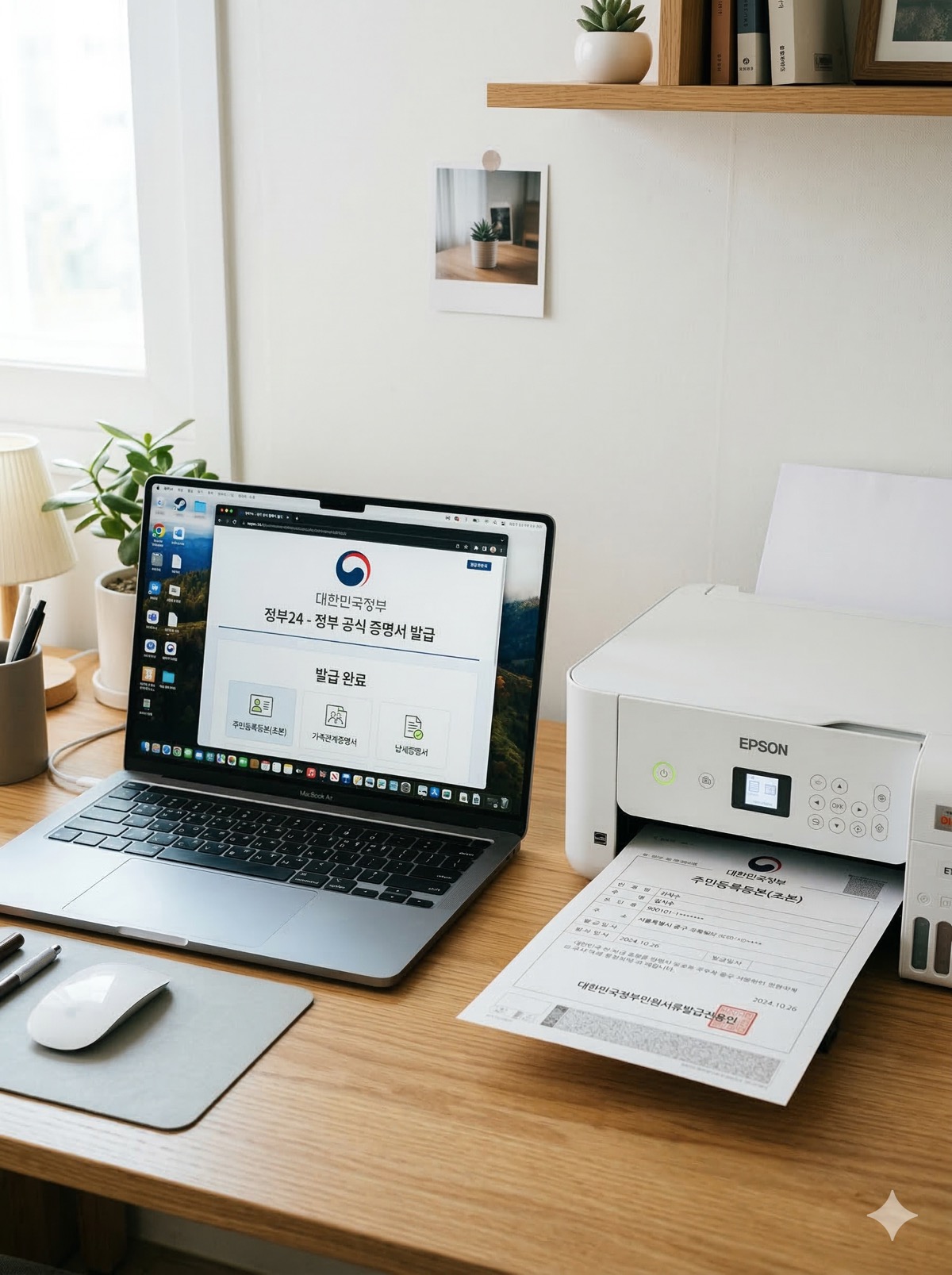 노트북 화면에 정부 공식 로고와 문서 아이콘이 떠 있고, 그 옆에 프린터와 출력된 공식 증명서가 놓여 있는 깔끔한 데스크탑 환경