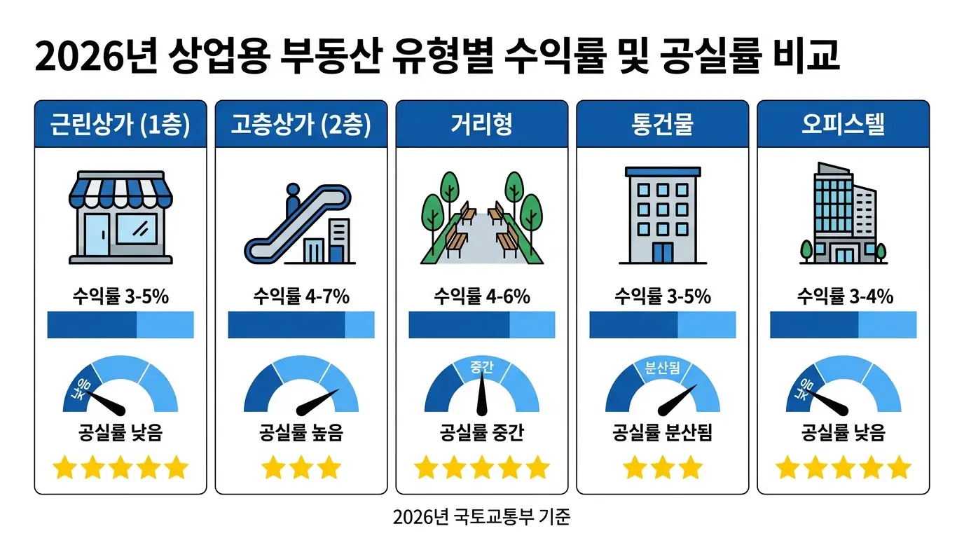 상가 유형별 수익률 공실 리스크 비교표 | 근린상가 오피스텔 국토교통부 2026 기준