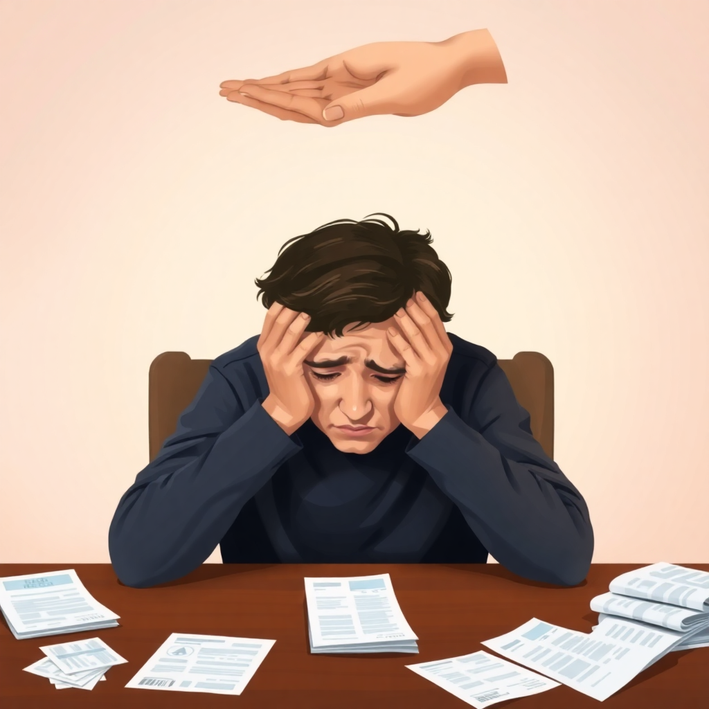 의료비 영수증이나 병원비를 보며 힘들어하는 사람에게 건강보험공단이나 국가를 상징하는 손길이 닿아 도움을 주는 모습을 따뜻하고 온화한 색감으로 표현합니다. 공공복지로서의 건강보험의 가치를 강조합니다.