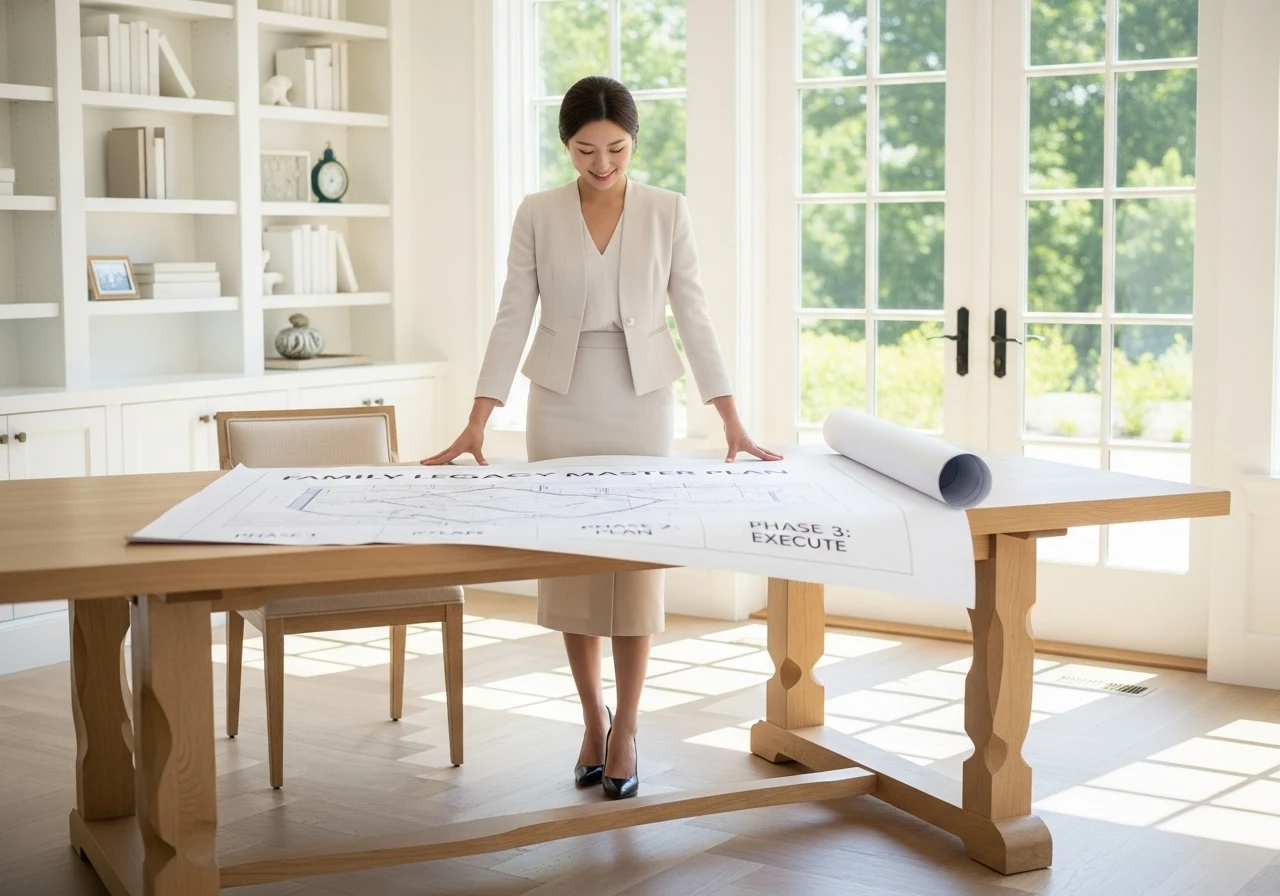 햇살이 가득한 서재에서 정장 스커트 차림의 젊은 한국인 여성이 대형 테이블에 펼쳐진 '가족 미래 계획도'를 보며, 자신감 넘치는 미소를 짓고 있다
