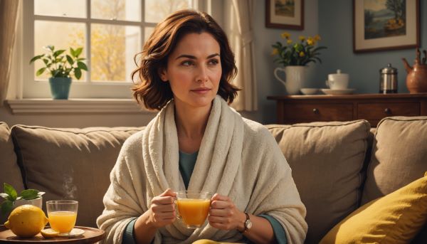 여성이 목에 수건을 감고 따뜻한 김이 나는 레몬차를 마시고 있다.