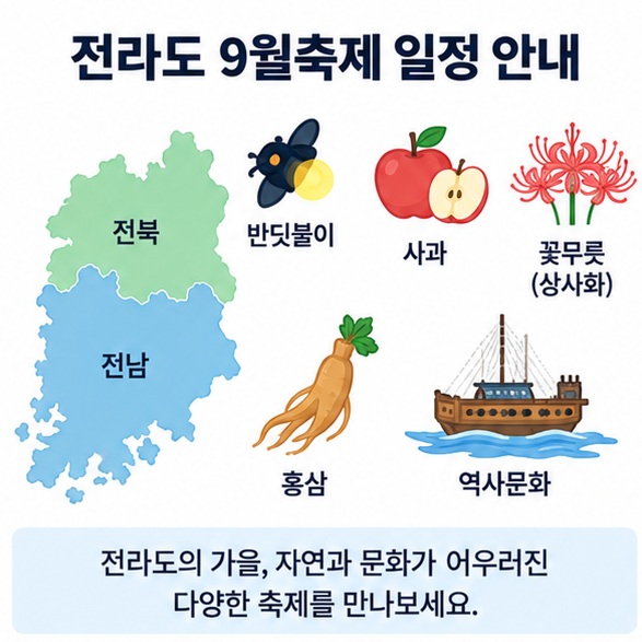 전라도 9월축제 일정 안내 문구와 전북 전남의 가을 축제를 상징하는 꽃 반딧불이 먹거리 아이콘 인포그래픽
