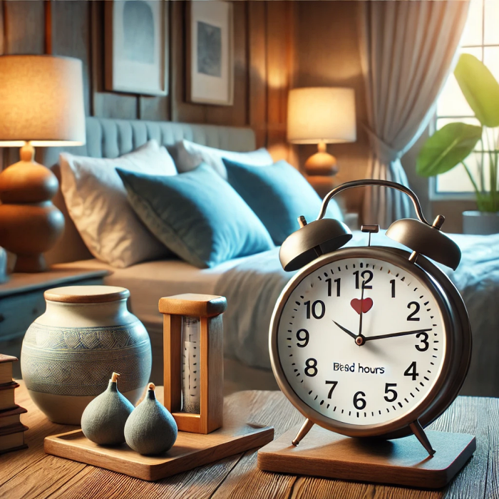 충분한 수면(7~8시간)의 중요성을 강조하는 편안한 침실 환경 이미지.