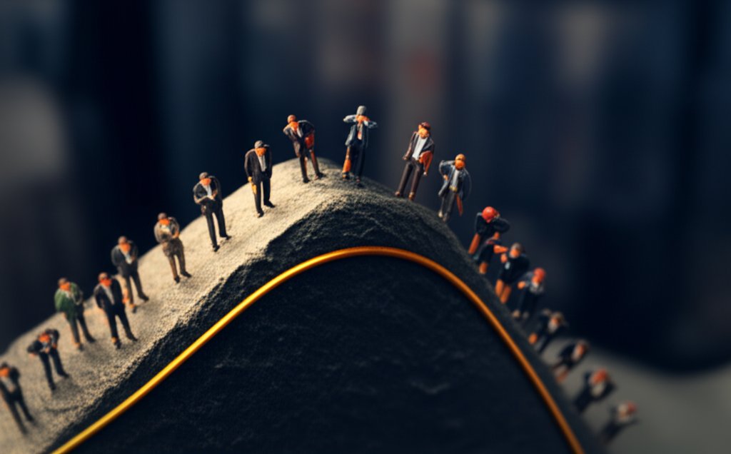 주식 그래프 고점에 불안하게 선 개미 투자자들, 고점 공포와 평균 회귀 본능 디오라마, 미니어처 디오라마 스타일, 틸트시프트 효과