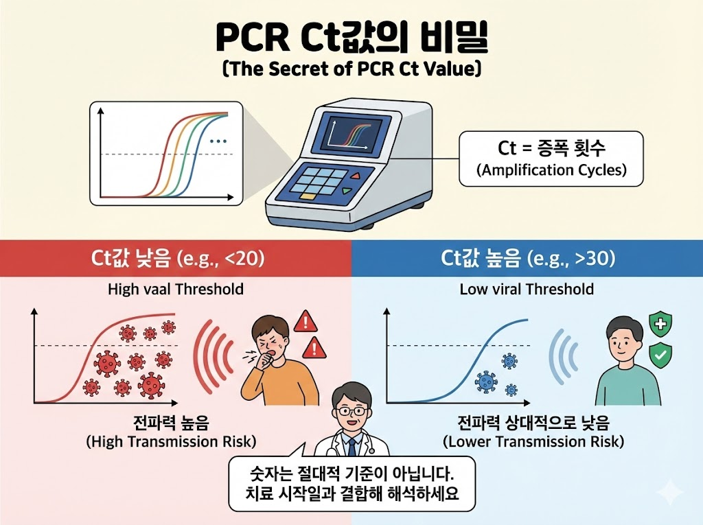PCR Ct값의 의미를 설명하는 인포그래픽으로 Ct값이 낮을수록 전염력이 높고 Ct값이 높을수록 전염 위험이 낮아지는 구조를 시각화한 이미지