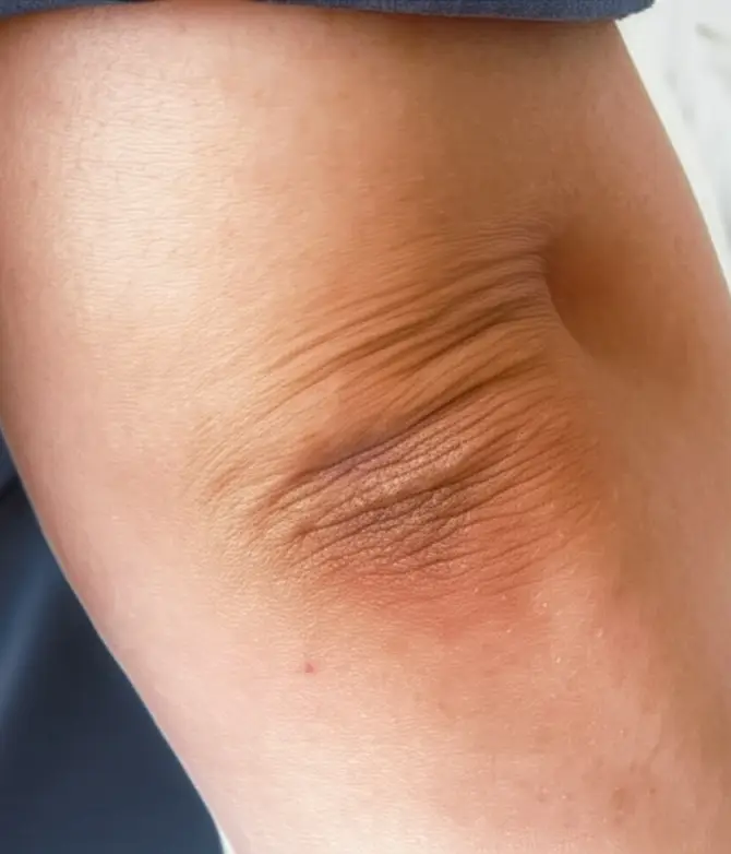 팔꿈치는 피부가 두껍고, 바닥이나 책상에 자주 닿아서 마찰이 많아서 거뭇거뭇해진 팔꿈치