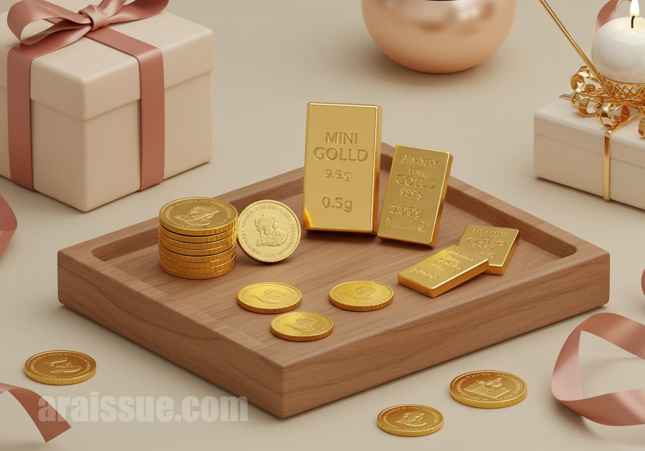 0.1g부터 0.5g까지 다양한 크기의 초소형 순금 코인과 미니 골드바가 나무 트레이 위에 고급스럽게 배열된 모습을 표현했습니다.