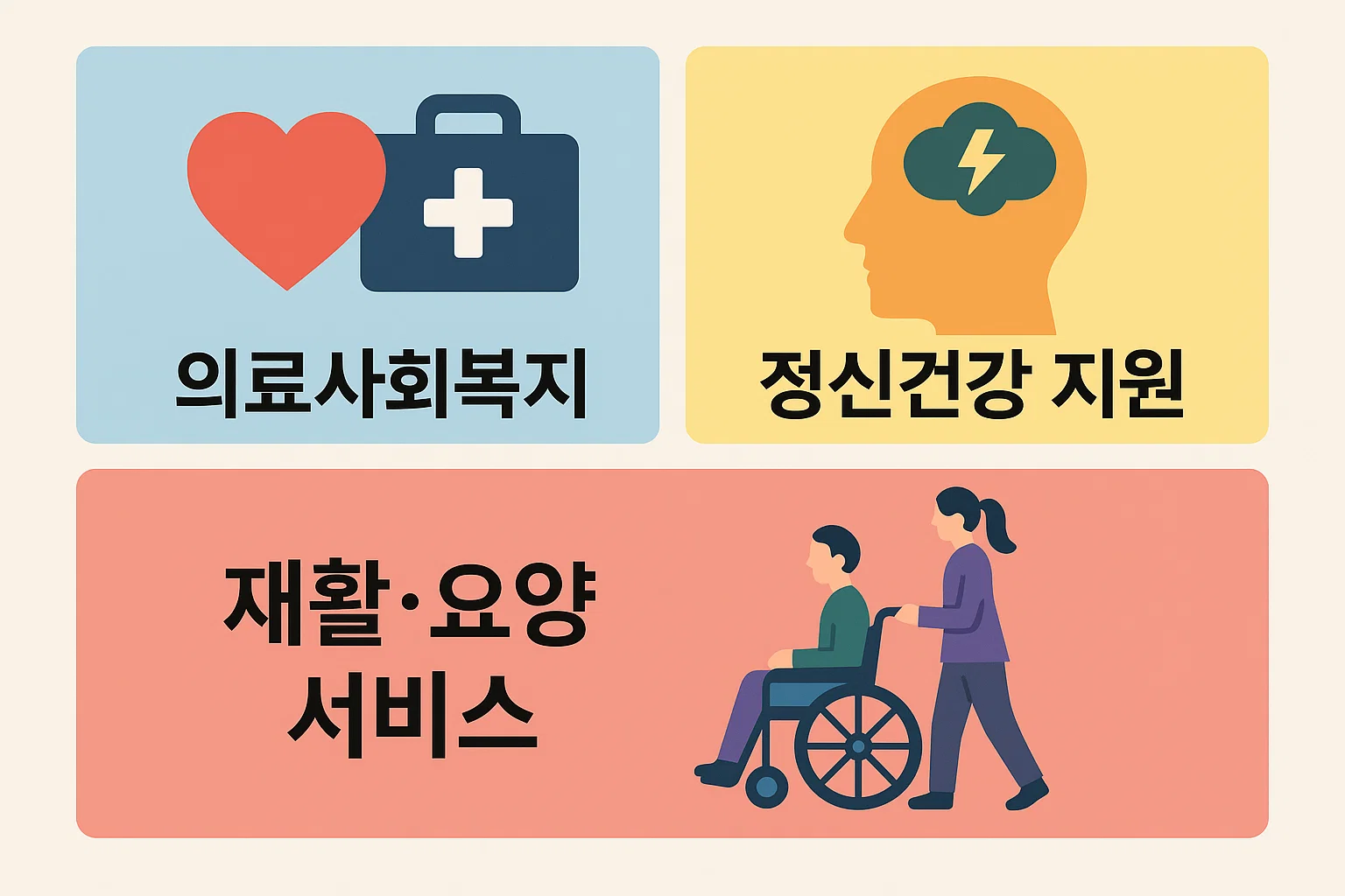 사회복지사 1급 취업분야 중 의료사회복지, 정신건강 지원, 재활&middot;요양 서비스 등 전문성을 요구하는 특수 분야를 정리한 이미지입니다