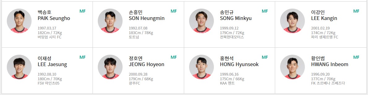 태국전 대한민국 대표팀 MF