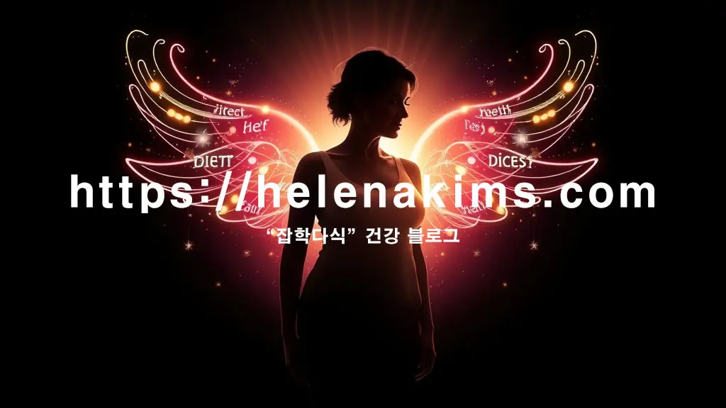 어두운 배경 속, 나잇살 고민을 상징하는 중년 여성의 실루엣이 중앙에 있고, 몸통 부분의 불균형한 곡선은 나잇살의 어려움을 표현하며, 그 위로 밝고 활기찬 빛이 퍼져나가며 '식단', '운동', '건강'을 나타내는 패턴들의 이미지.