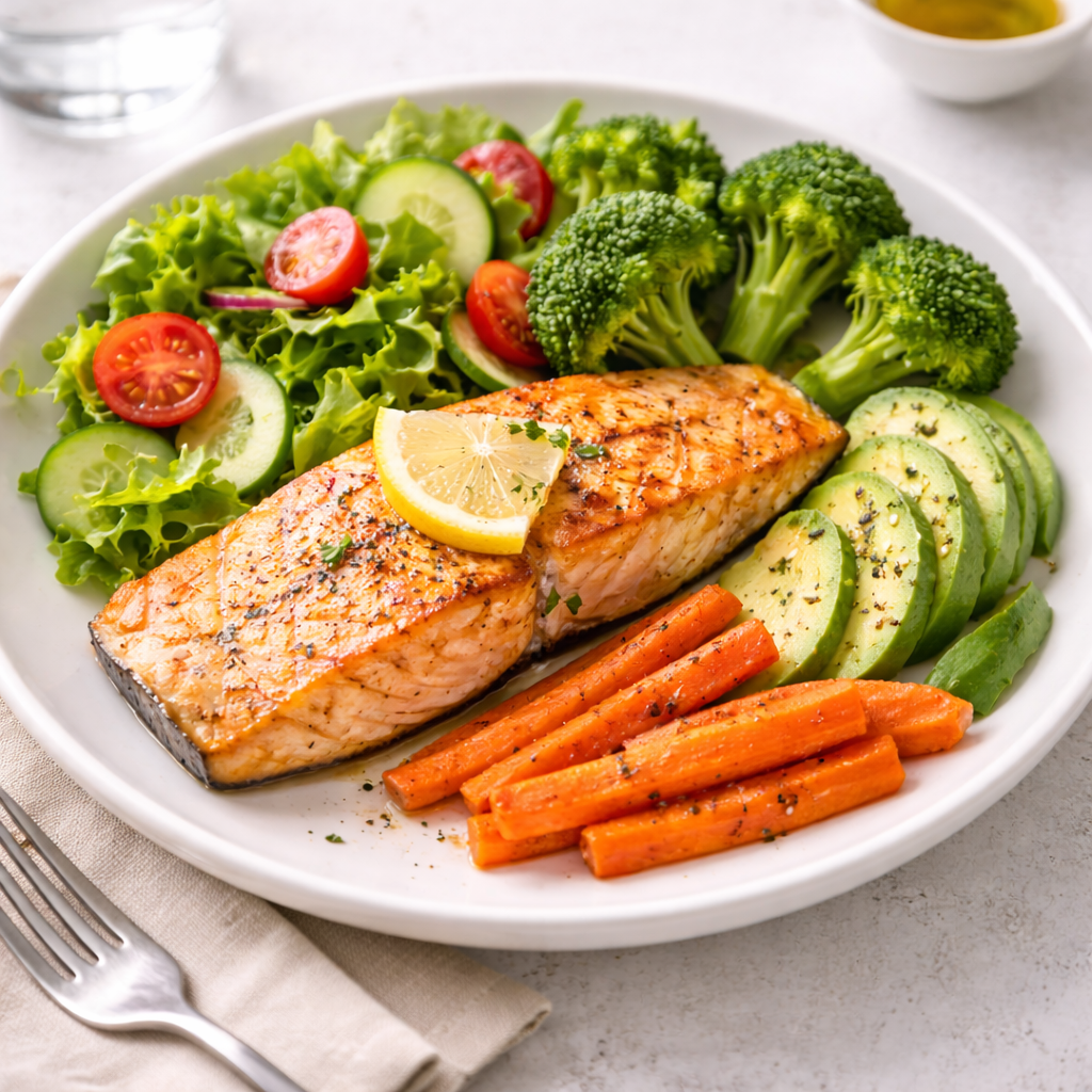 비타민 D가 풍부한 생선과 채소로 구성된 식단 한 접시