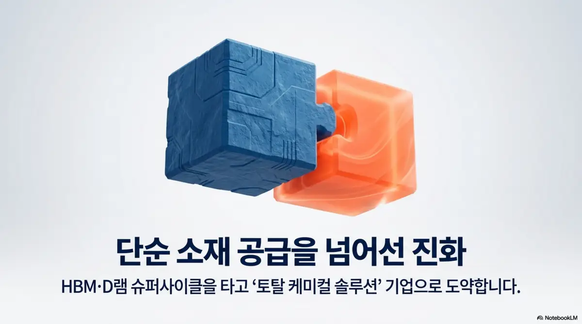 솔브레인 주가 전망: 파란색과 주황색 퍼즐 조각이 맞물린 모습으로 &amp;#39;단순 소재 공급을 넘어선 진화&amp;#39;를 표현한 이미지. HBM&middot;D램 슈퍼사이클을 타고 토탈 케미컬 솔루션 기업으로 도약하는 솔브레인의 사업 전환 방향을 시각적으로 전달하며&amp;#44; 블로그의 솔브레인 주가 전망과 사업 구조 분석과 관련된 내용을 설명함