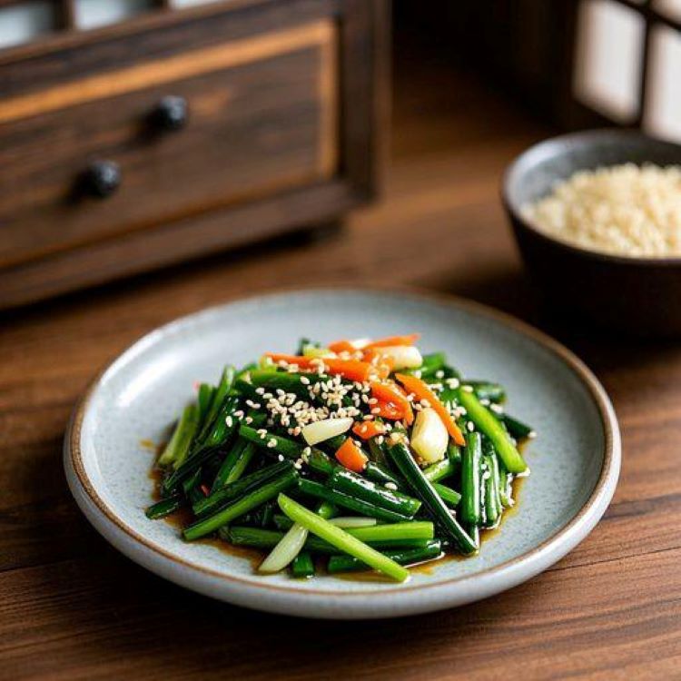 한국식 마늘쫑볶음이 담긴 접시, 아삭한 초록색 마늘쫑과 채 썬 양파, 당근이 고소한 참기름과 통깨로 장식된 모습. 따뜻한 조명 아래 나무 식탁 위에 놓인 반찬 그릇, 배경은 깔끔한 주방 설정, 한국 전통 느낌의 도자기 접시 사용