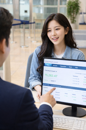 은행에서 상담하는 여성