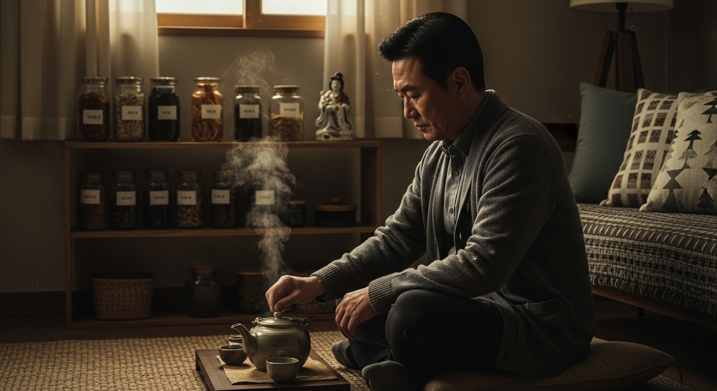 집에서 허브티 리추얼을 준비하는 50대 한국인 남성