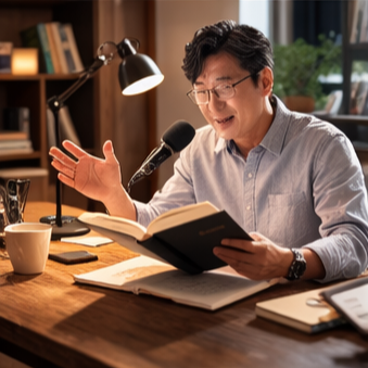 나이가 듬에 따라 생긴 기능 저하를 해결하기 위해 구강구조개선, 뇌 활성화에 좋은 낭독독서를 하는 중년
이미지 출처: Gemini AI 생성