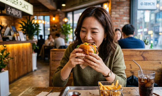 다이어트를 크게 생각하지 않고 햄버거를 먹고 있는 모습