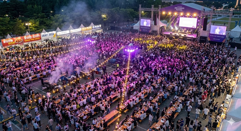 드론으로 촬영한 대구 치맥페스티벌 전경. 수많은 인파가 치킨과 맥주를 즐기고 있으며, 다양한 푸드 트럭과 무대, 보라색과 노란색 조명이 축제장의 활기를 보여준다.