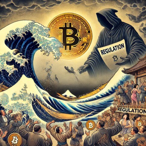 비트코인의 가격 변동, 규제 위험, 투기성 문제를 상징적으로 표현해서 그린 그림.