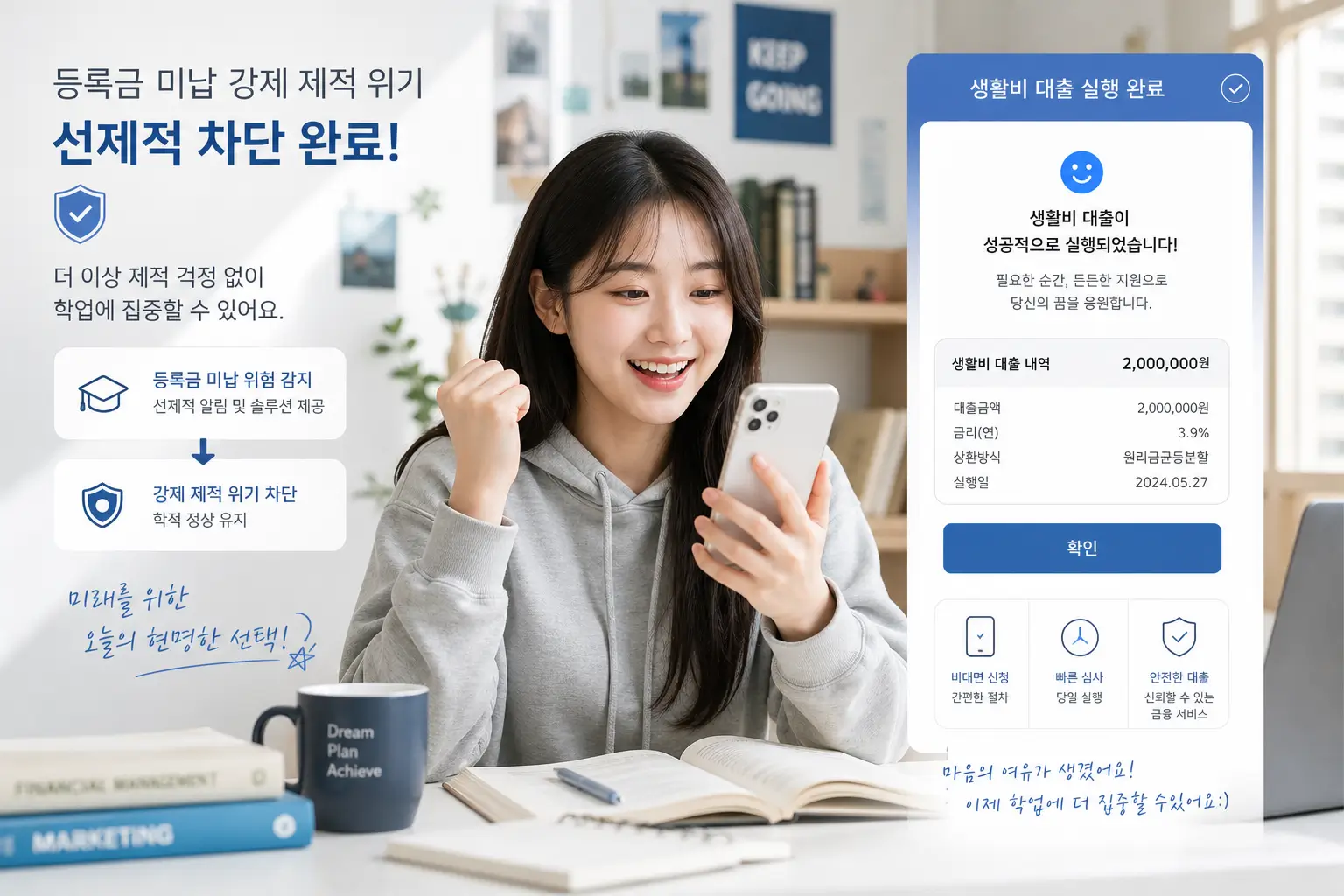등록금 미납 강제 제적 위기를 선제적으로 차단하고 비대면 플랫폼으로 생활비 대출을 확보하여 안도하는 대학생의 모습